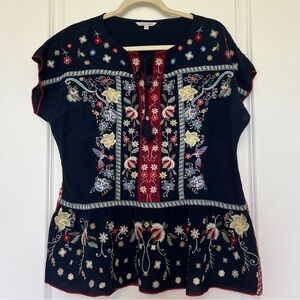 John Mark  Navy heavy Embroidered Short-Sleeve Blouse Multicolor Floral Motif S